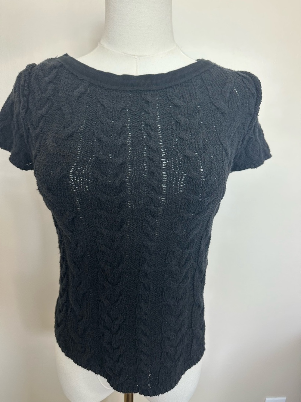 Free People Whimsigoth Black Cable Knit Short Sleeve Pullover Sweater XS GUC